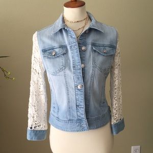 Boston Proper denim jacket with lace sleeves